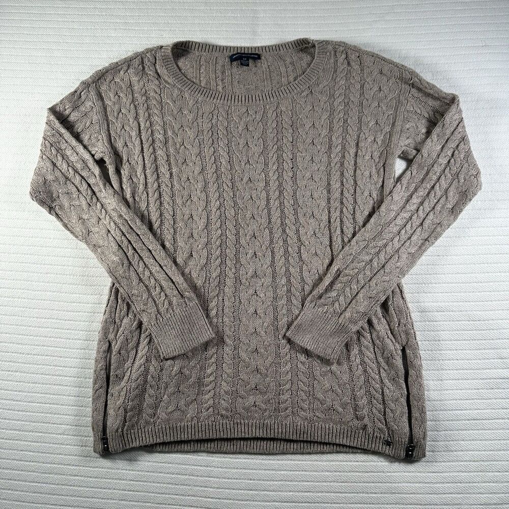 American Eagle Outfitters Women’s Small Cable Knit Sweater Tan Crewneck Side Zip